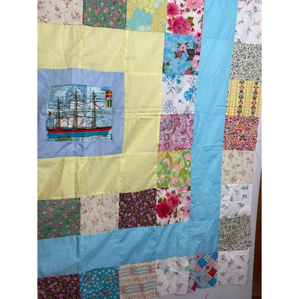 VTQ Patchwork Quilt Top Layer Mariner Sailing Ship 54x54